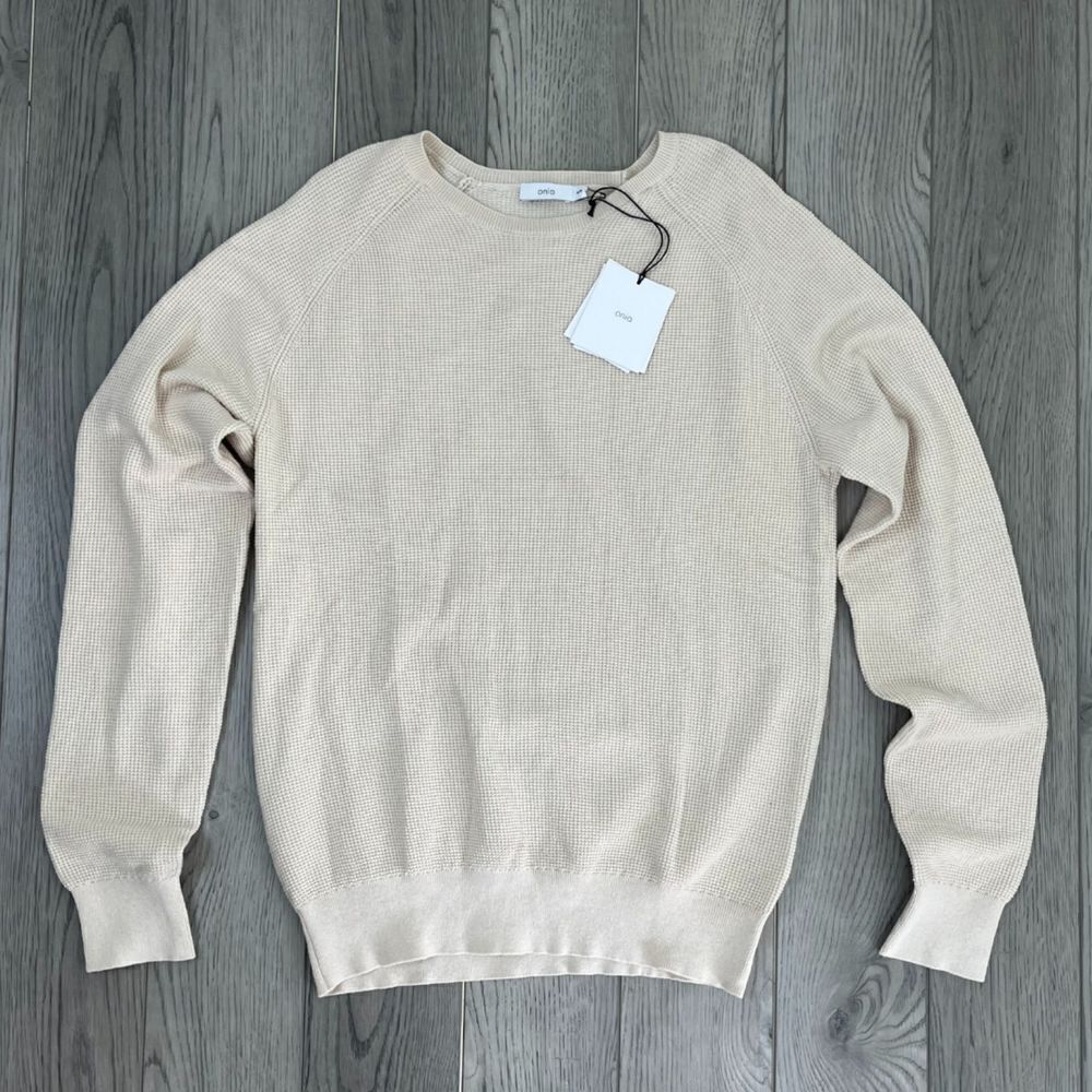 Onia Men Size XL Cream Waffle Knit Cotton Cashmere Crewneck NEW Pullover Sweater
